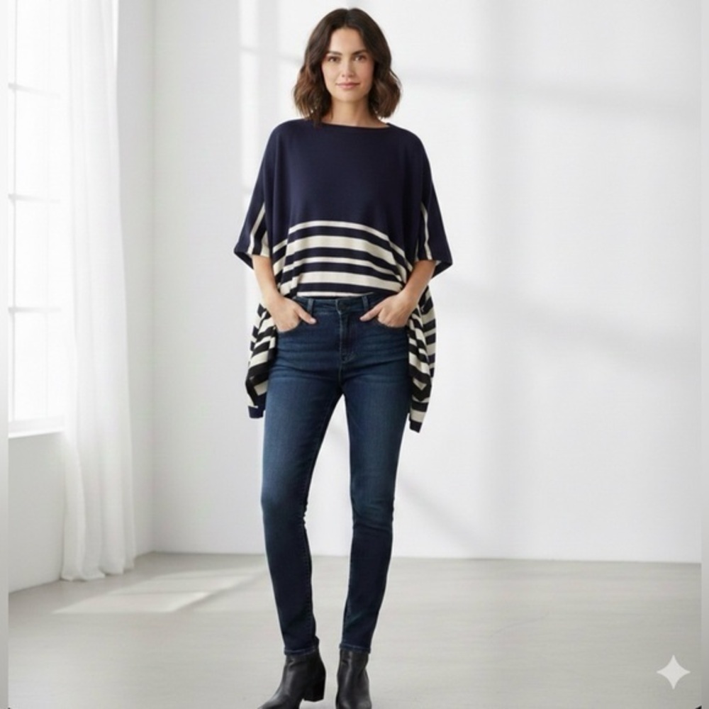 Brooks Brothers Women's One Size Acrylic Poncho Cape Top Navy White Stripes OS